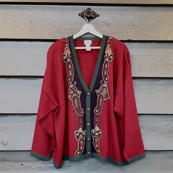VINTAGE Sweaters - Vintage 90s Embroidered Cardigan Sweater sz 3X Oversized Grandmacore